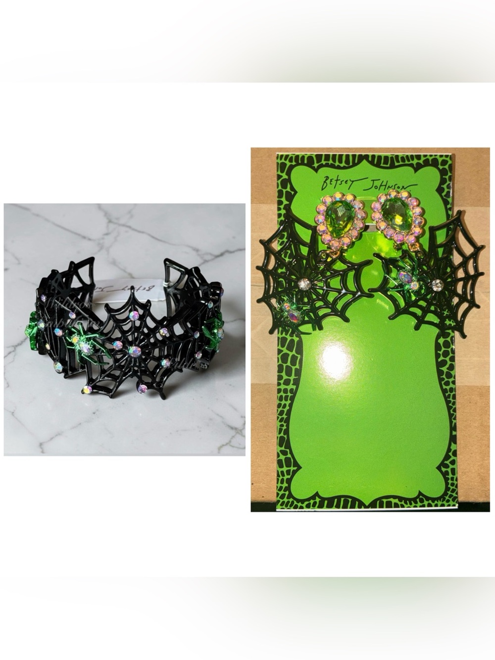 BETSEY JOHNSON SET Halloween Spider Webs & Crystals Cuff Bracelet & Earrings NWT